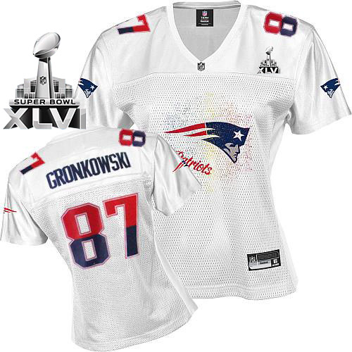 Patriots #87 Rob Gronkowski White 2011 Women's Fem Fan Super Bowl XLVI Stitched NFL Jersey - Click Image to Close